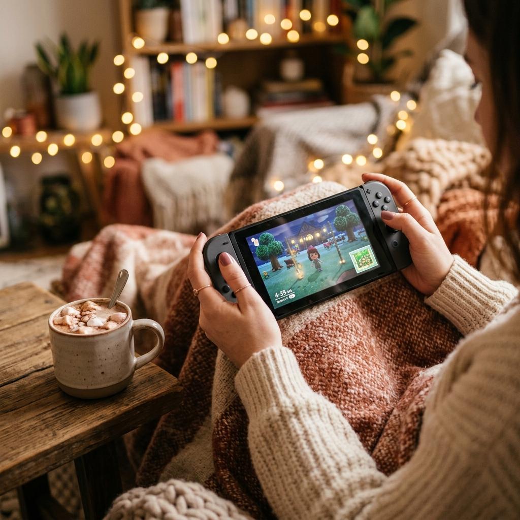 Playing Animal Crossing on Nintendo Switch under a cozy blanket