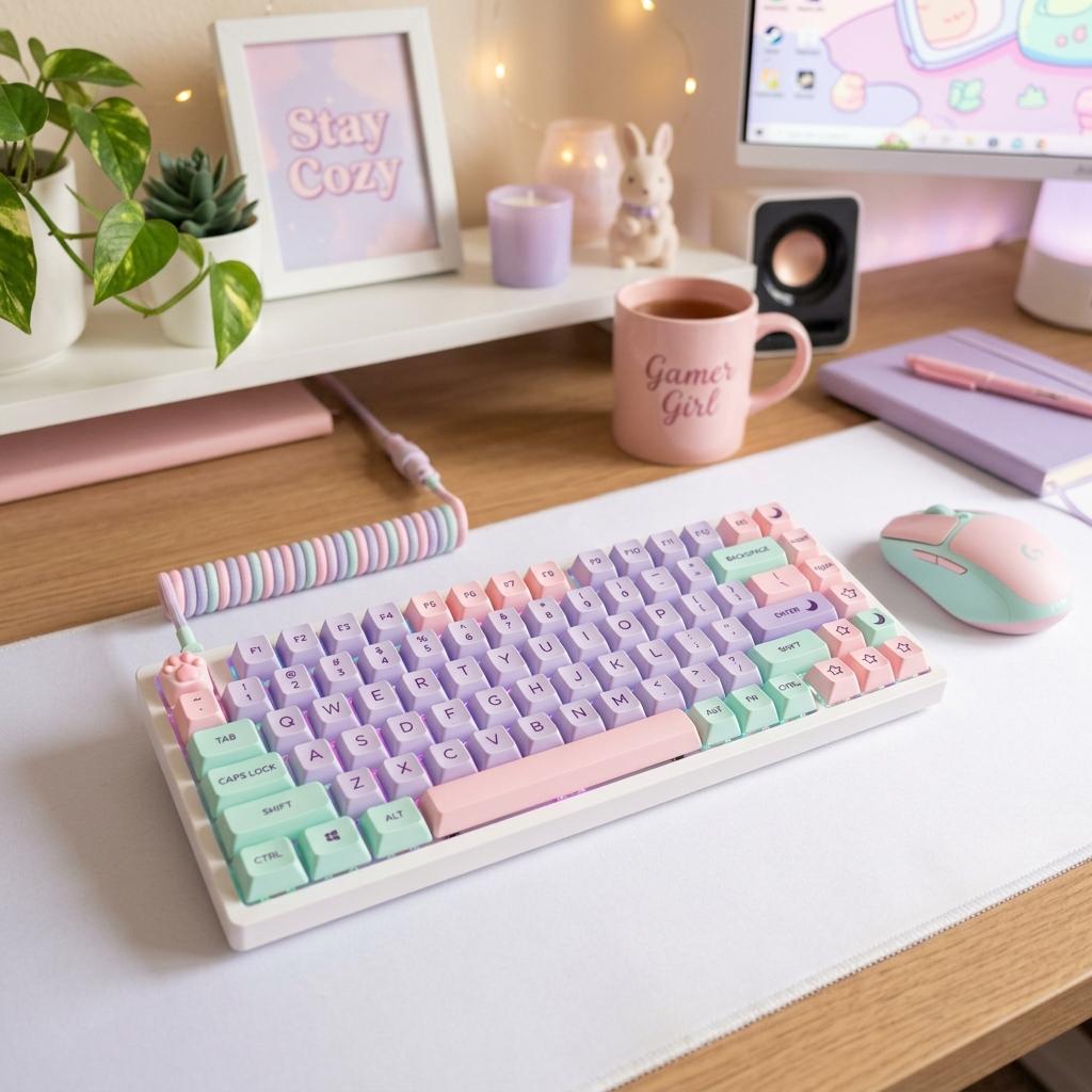 Pastel mechanical keyboard with cute keycaps on a cozy desk