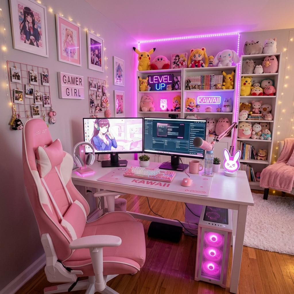 Pink gamer girl setup with pastel chair and anime decor